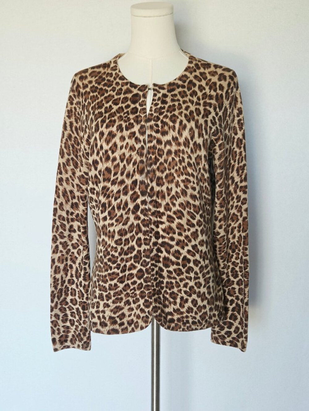 Vintage Talbots Silk Cashmere Leopard Cardigan Crewneck Hook/Loop Brown